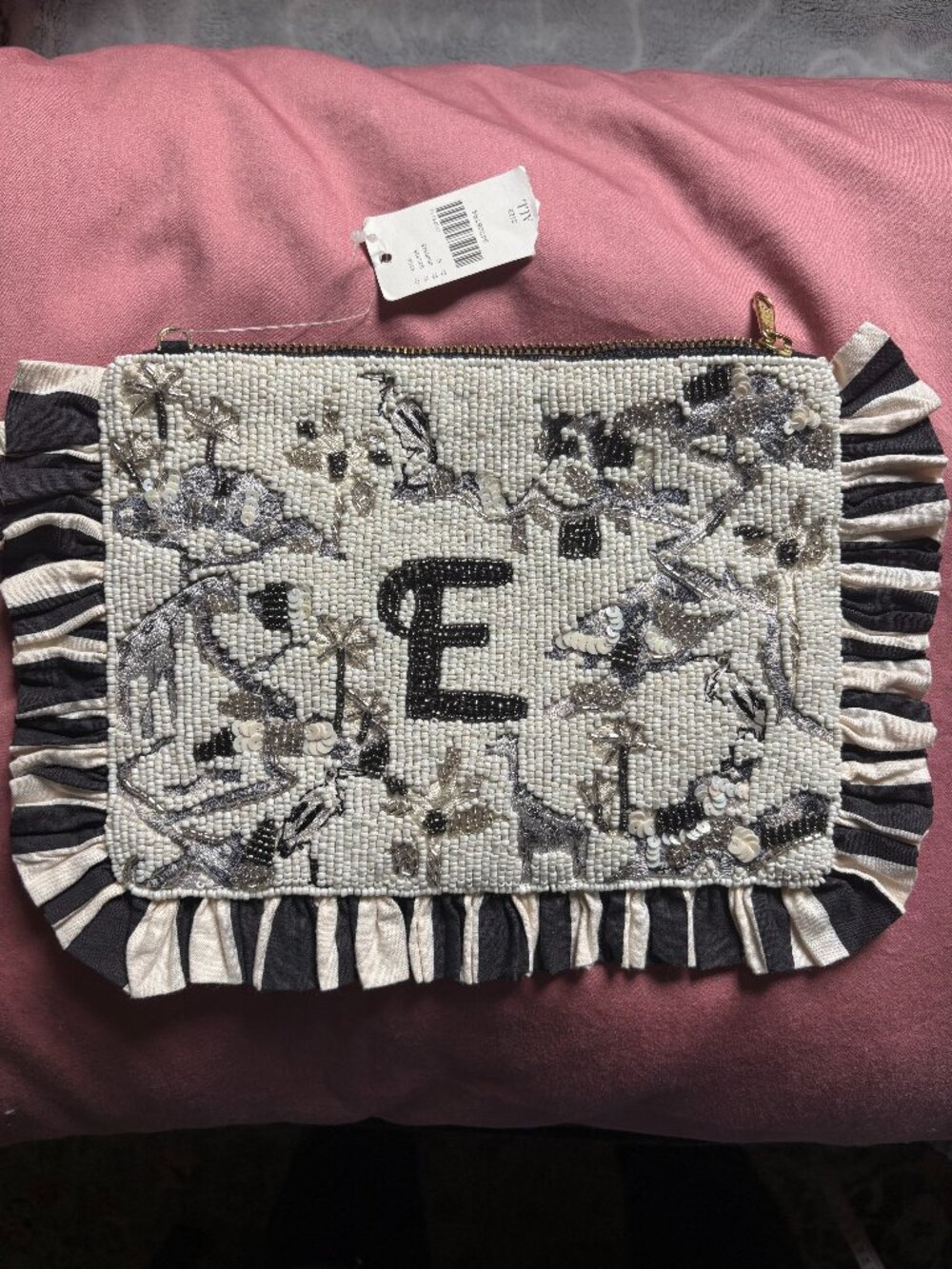 Anthropologie Beaded Monogram “E” Clutch Anna Harlow Russo Black NWT Safari